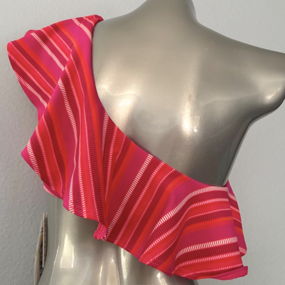 Trina Turk Pink & Orange One-Shoulder Ruffle Stripe Bikini - Picture 8 of 9